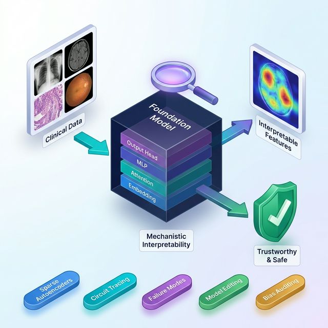MI4MedFM Pipeline: Clinical Images → Foundation Model with Interpretability Lens → Feature Attribution + Trustworthy Diagnosis